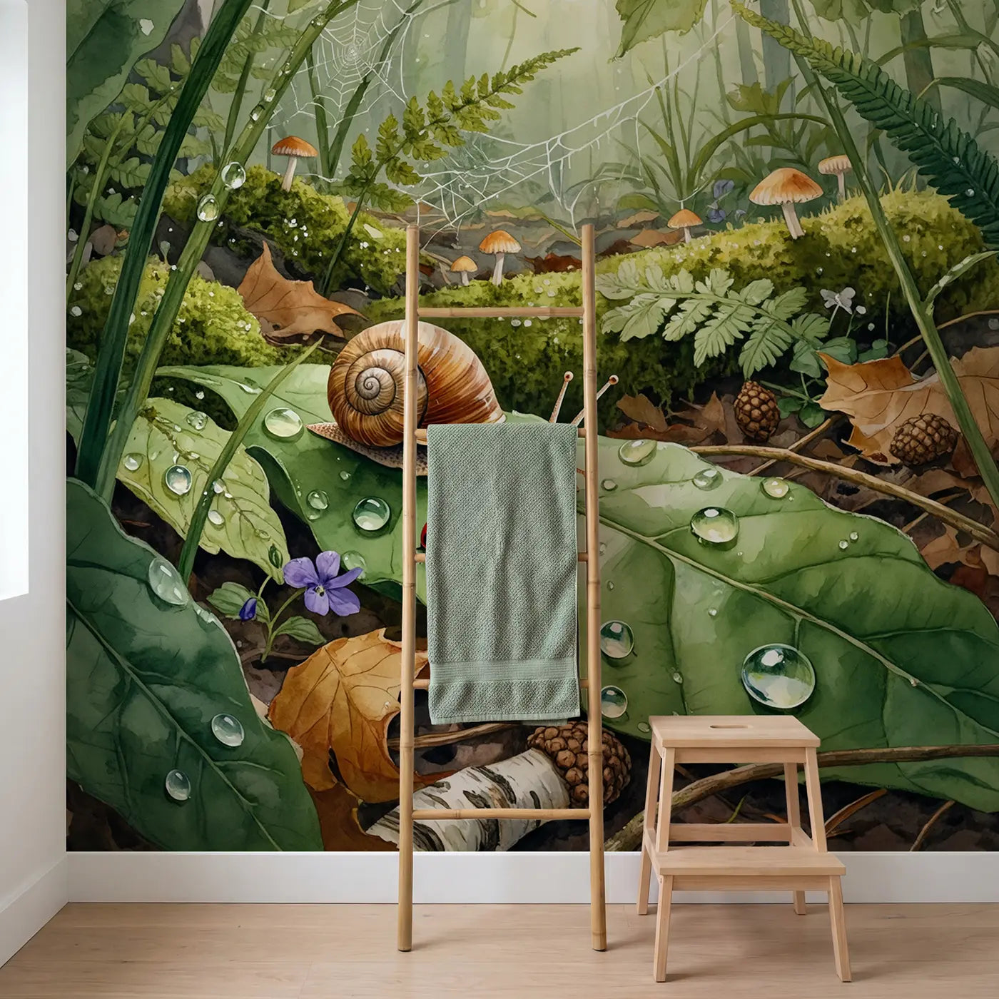 Snail and Ladybug Leaf World Wallpaper Mural in playroom setting by Whimsy Tots