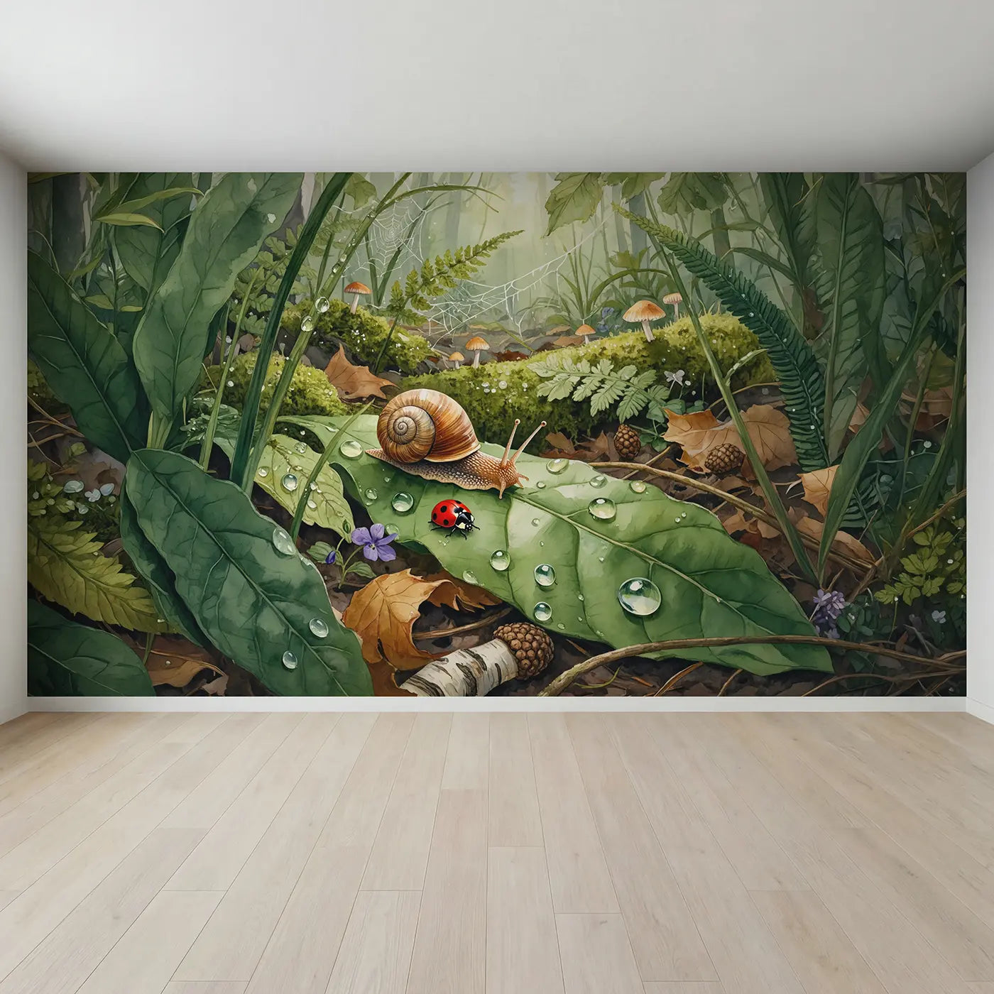 Full view of Snail and Ladybug Leaf World Wallpaper Mural by Whimsy Tots