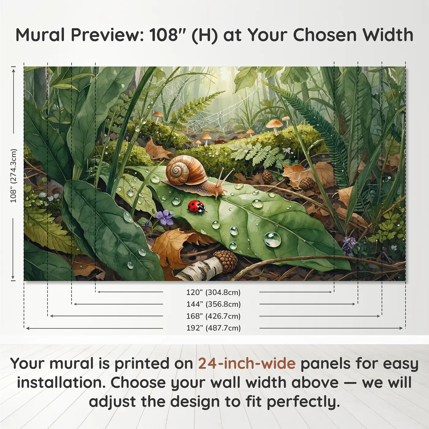 Panel layout and dimensions for Snail and Ladybug Leaf World Wallpaper Mural by Whimsy Tots