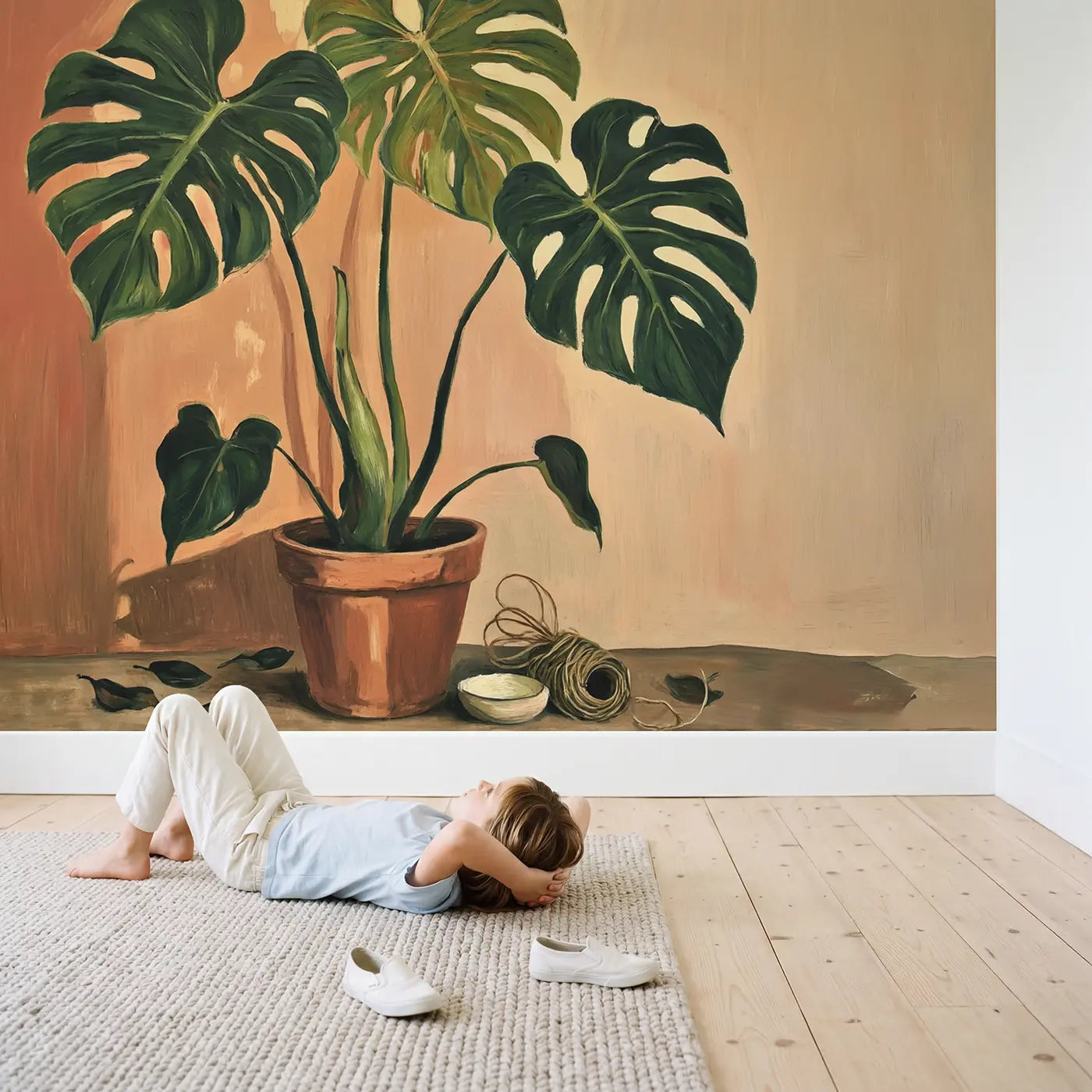 Child in nursery with Golden Philodendron Portrait Wallpaper Mural by Whimsy Tots