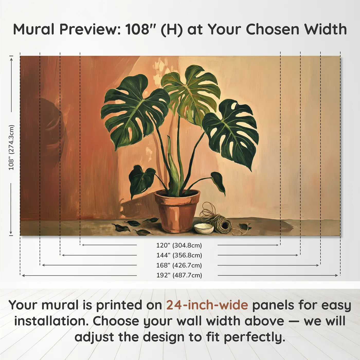 Panel layout and dimensions for Golden Philodendron Portrait Wallpaper Mural by Whimsy Tots