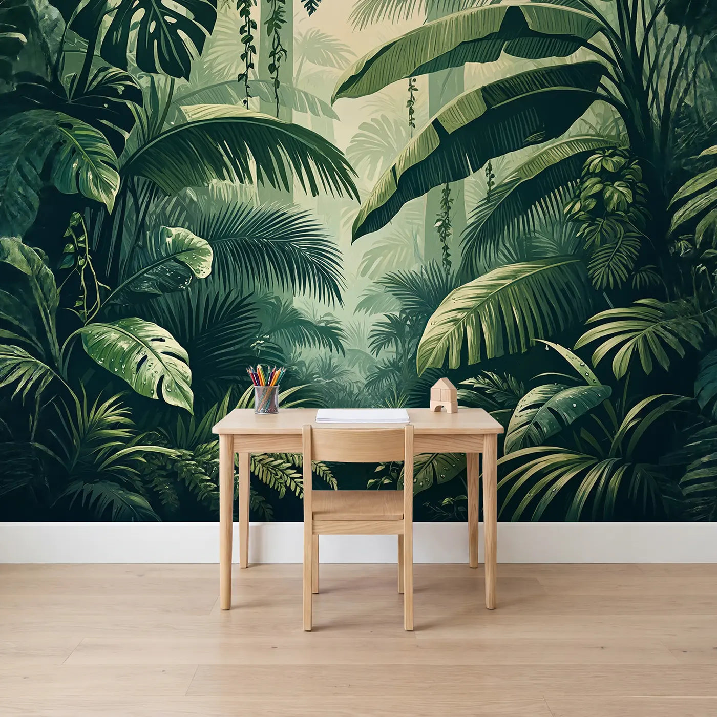 Block print tropical leaf monstera canopy wallpaper mural for kids room by Whimsy Tots