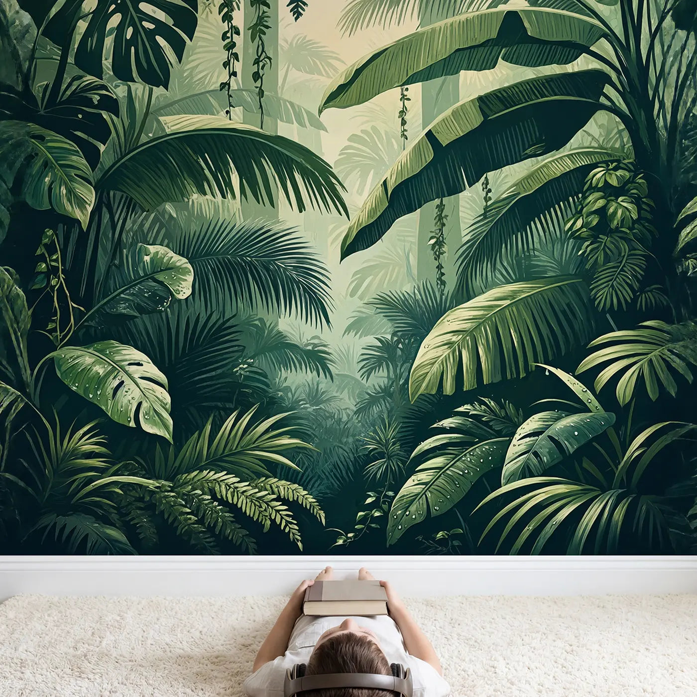 Child in nursery with Giant Tropical Leaf Forest Wallpaper Mural by Whimsy Tots