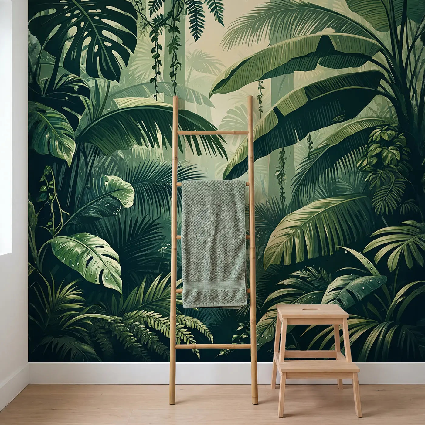 Giant Tropical Leaf Forest Wallpaper Mural in playroom setting by Whimsy Tots