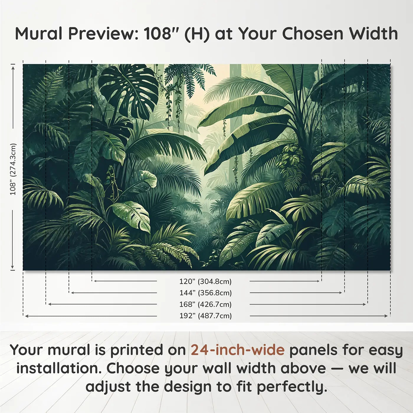 Panel layout and dimensions for Giant Tropical Leaf Forest Wallpaper Mural by Whimsy Tots