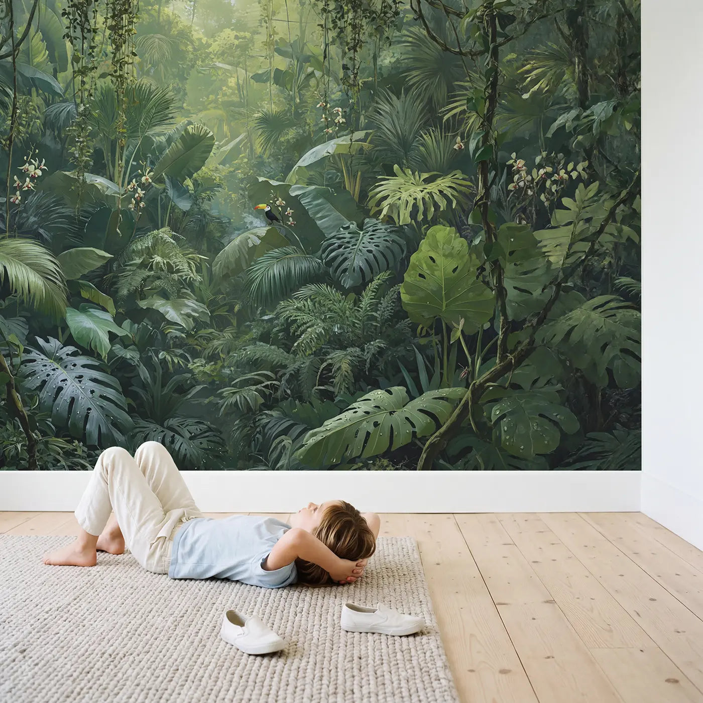Child in nursery with Dense Jungle Canopy Interior Wallpaper Mural by Whimsy Tots