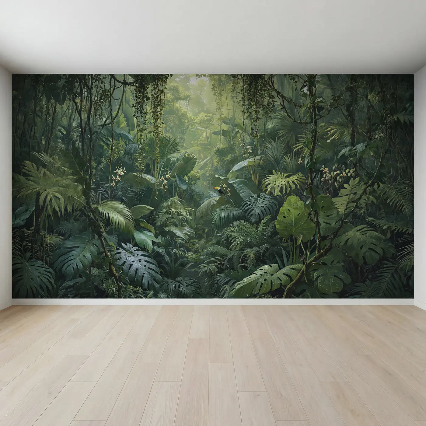 Full view of Dense Jungle Canopy Interior Wallpaper Mural by Whimsy Tots