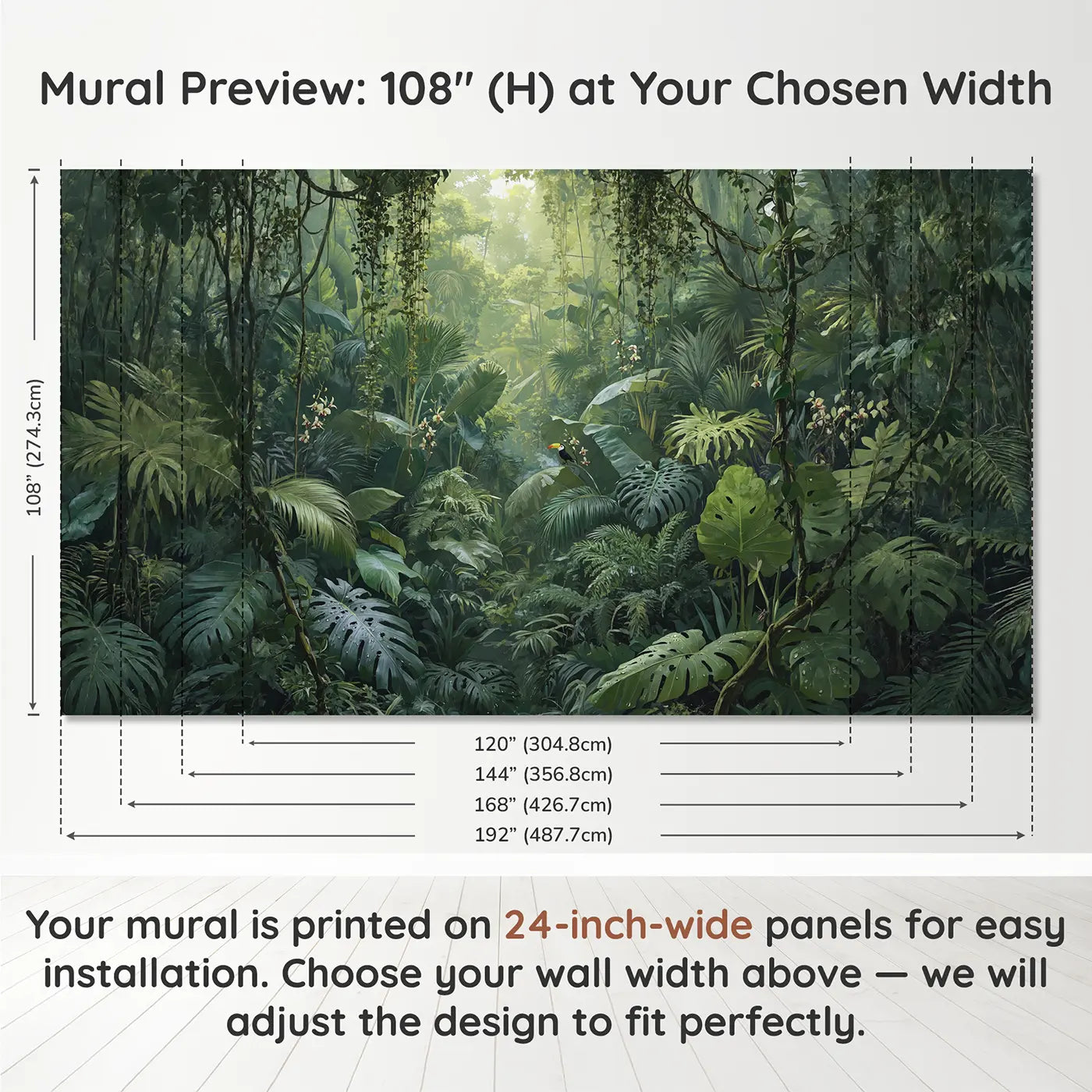 Panel layout and dimensions for Dense Jungle Canopy Interior Wallpaper Mural by Whimsy Tots