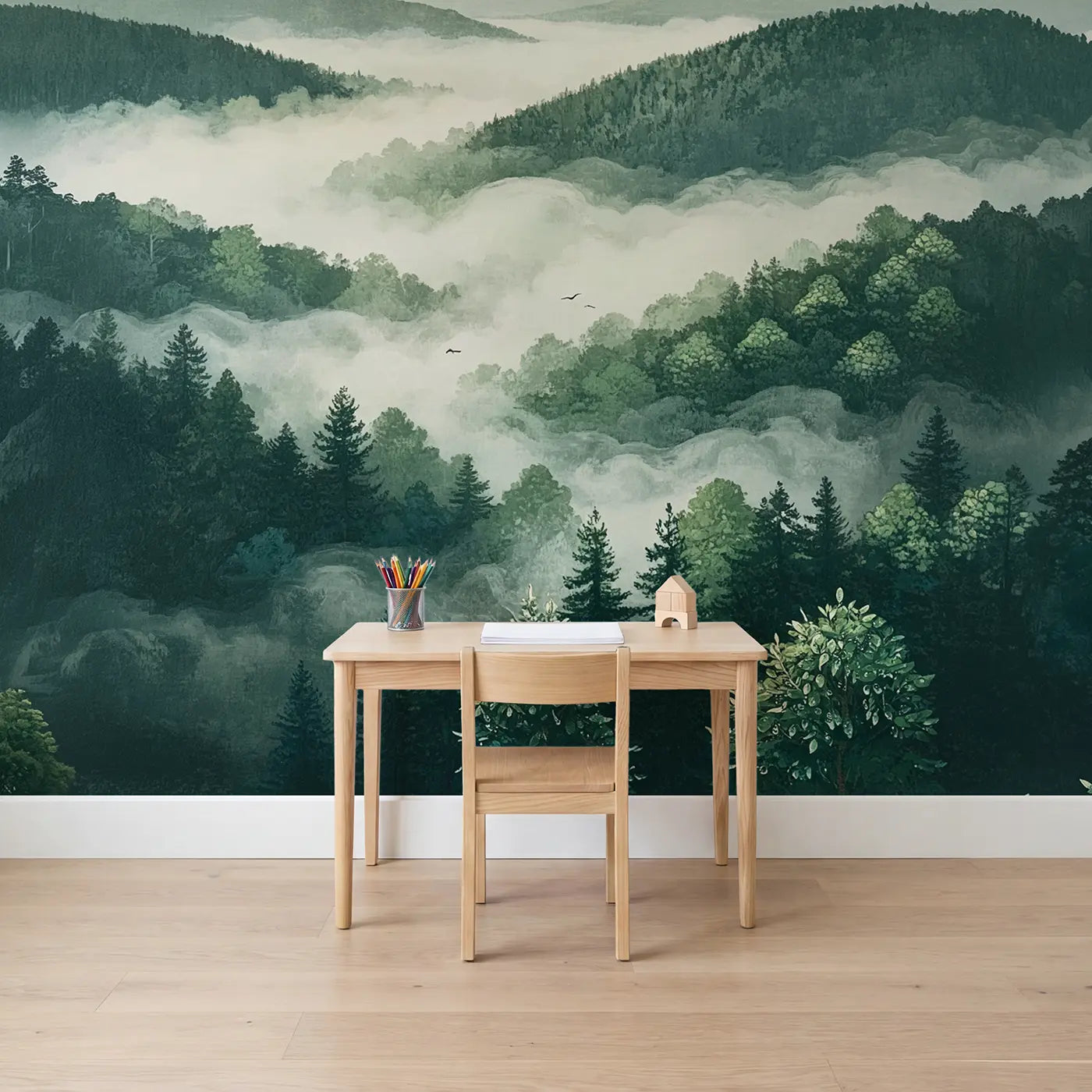Block Print cloud forest canopy morning wallpaper mural for kids room by Whimsy Tots