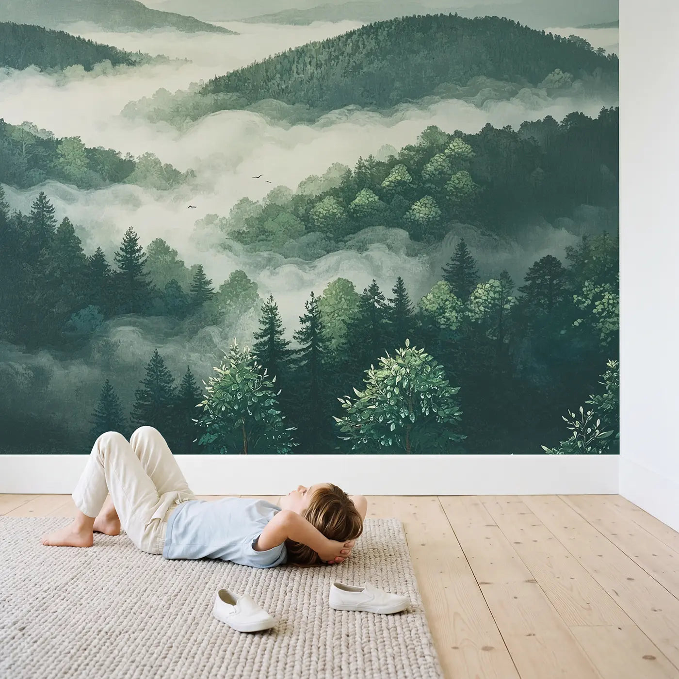 Child in nursery with Cloud Forest Canopy Morning Wallpaper Mural by Whimsy Tots
