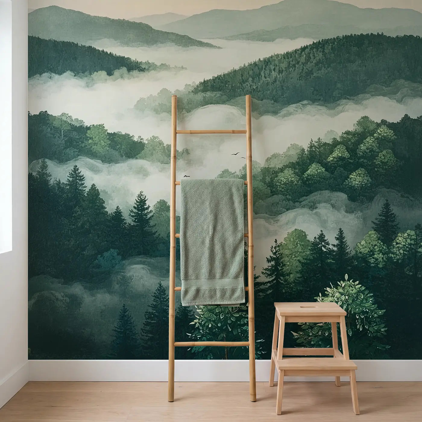 Cloud Forest Canopy Morning Wallpaper Mural in playroom setting by Whimsy Tots