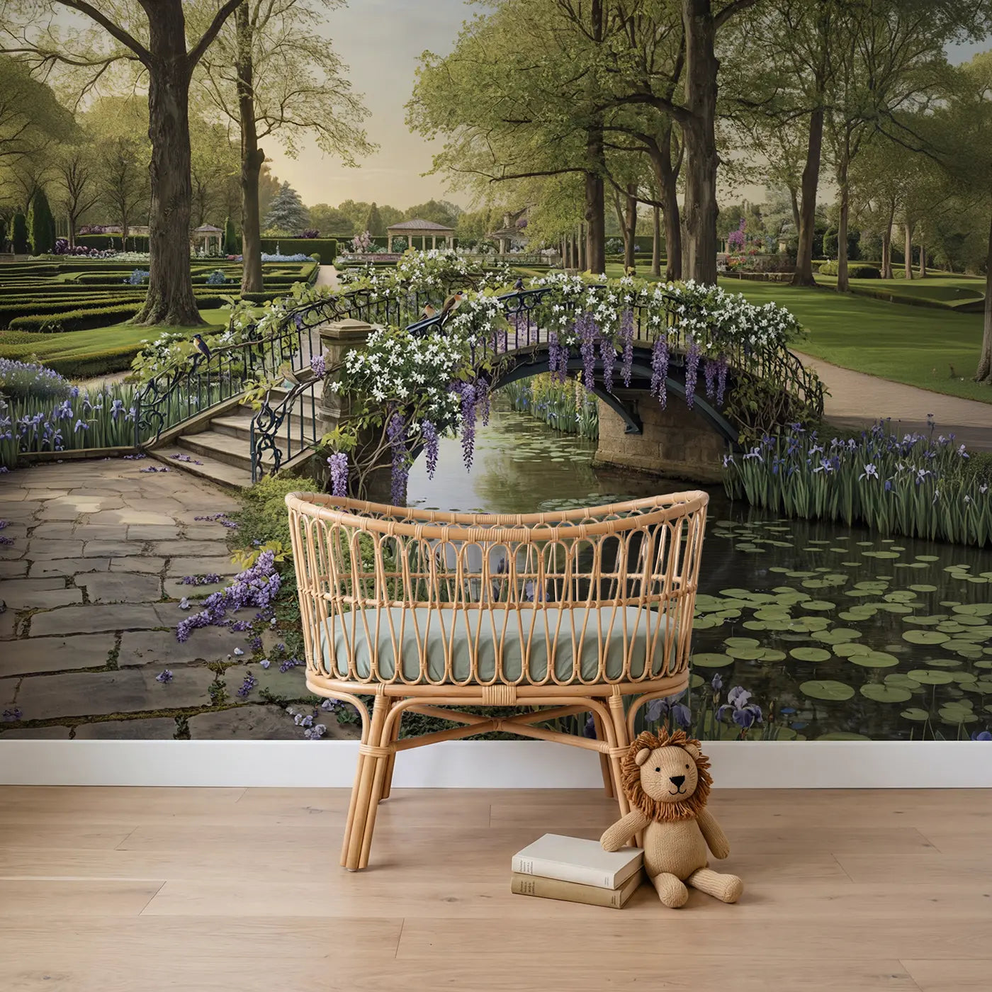botanical elegance wisteria garden bridge mural for nursery by Whimsy Tots