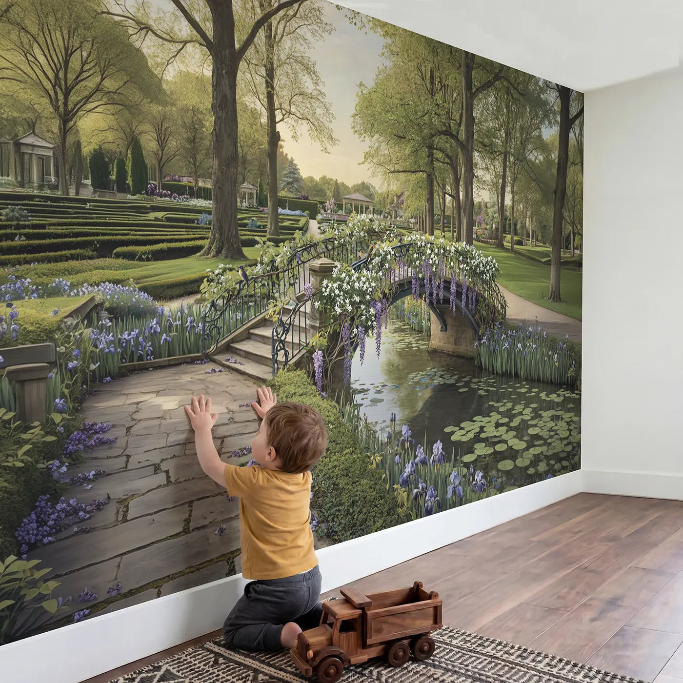 Child in nursery with Wisteria Bridge Garden Stream Wallpaper Mural by Whimsy Tots