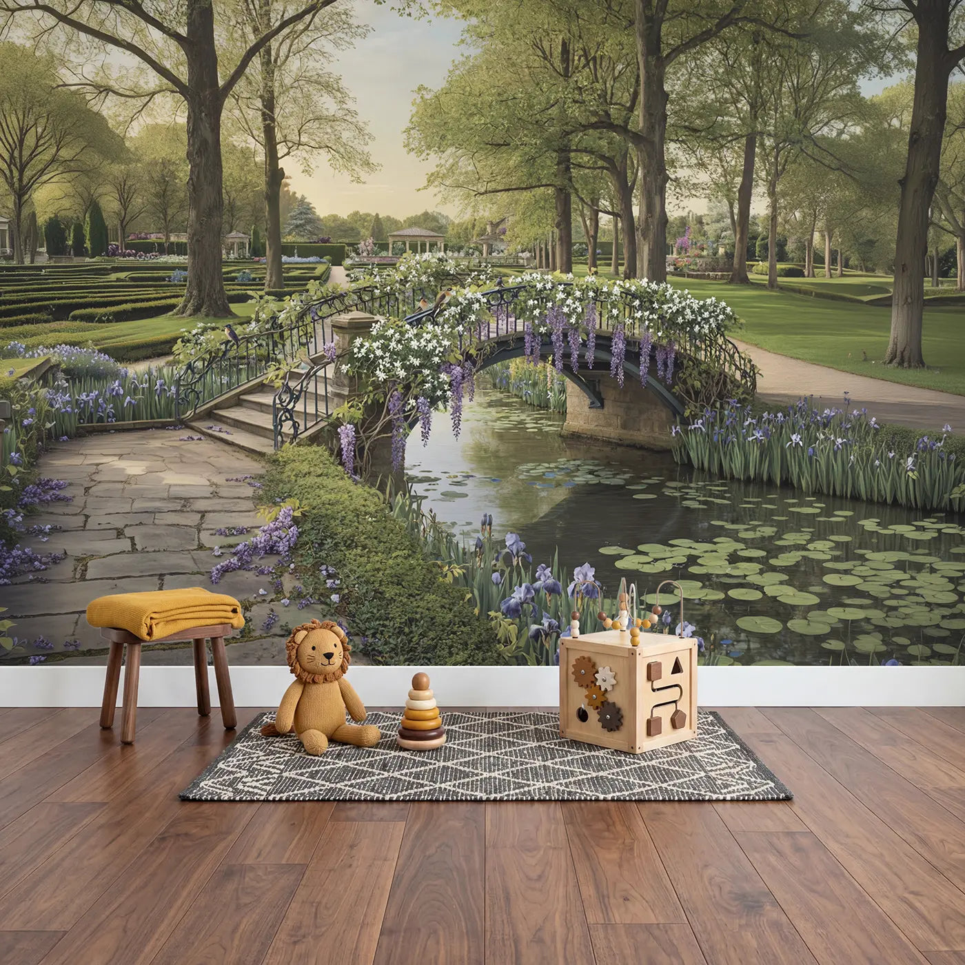 Wisteria Bridge Garden Stream Wallpaper Mural in playroom setting by Whimsy Tots