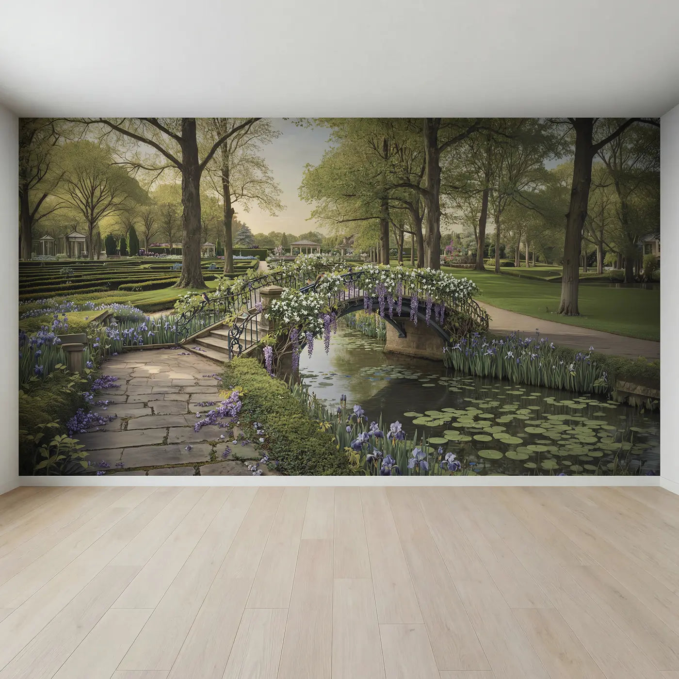 Full view of Wisteria Bridge Garden Stream Wallpaper Mural by Whimsy Tots