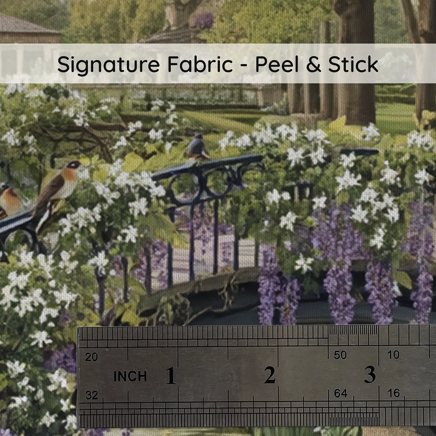 Fabric texture close-up of Wisteria Bridge Garden Stream Wallpaper Mural by Whimsy Tots