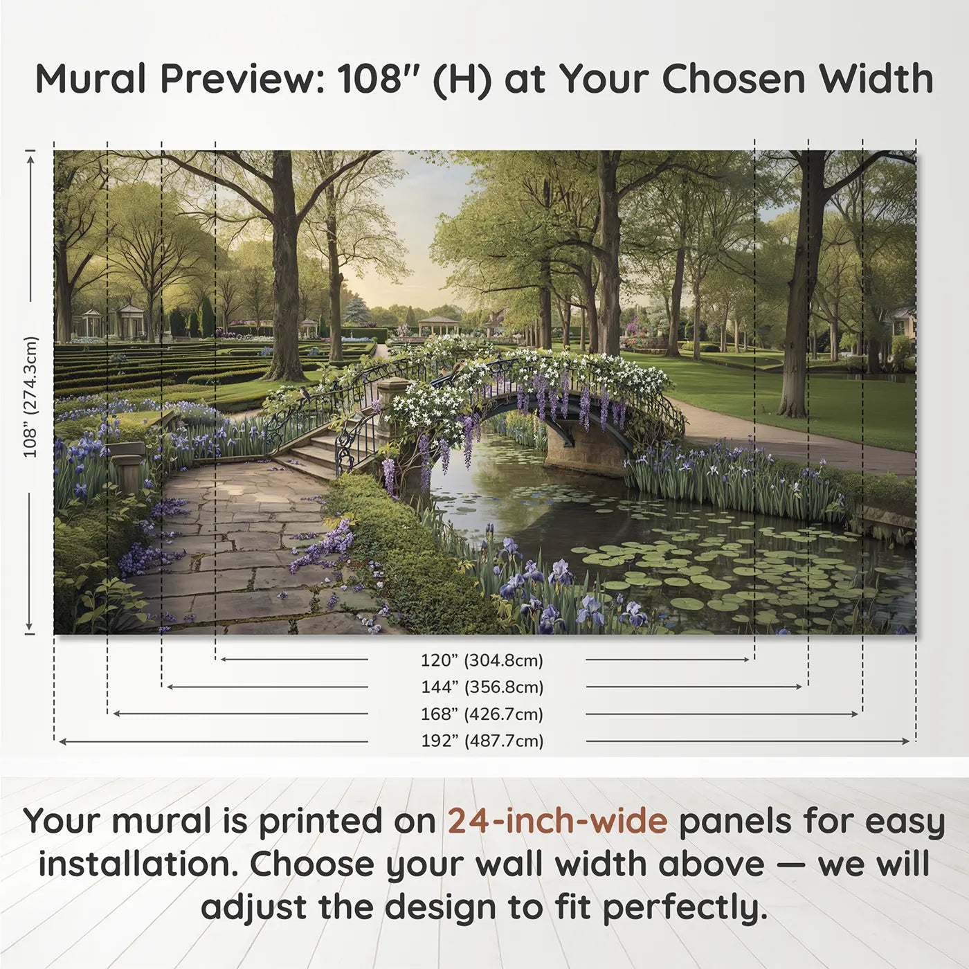 Panel layout and dimensions for Wisteria Bridge Garden Stream Wallpaper Mural by Whimsy Tots