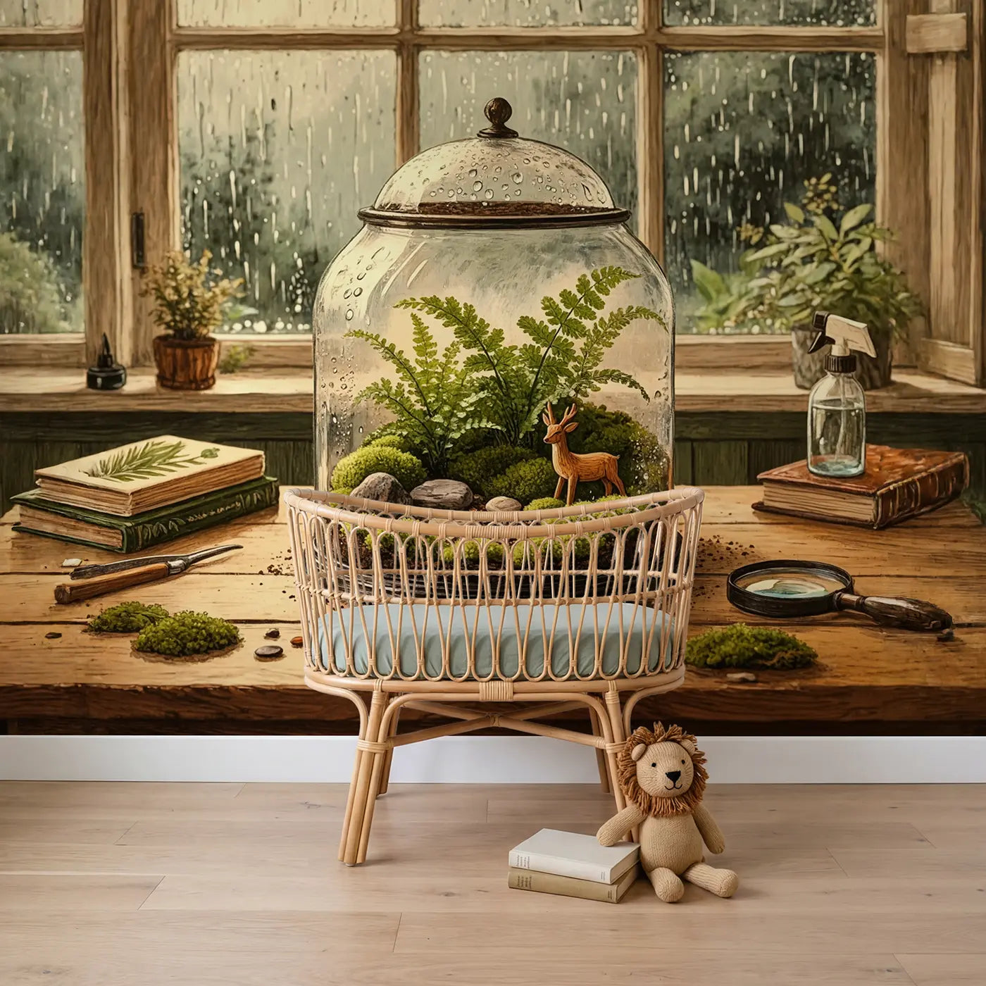 Block Print fern terrarium rainy window wallpaper mural for boys room by Whimsy Tots