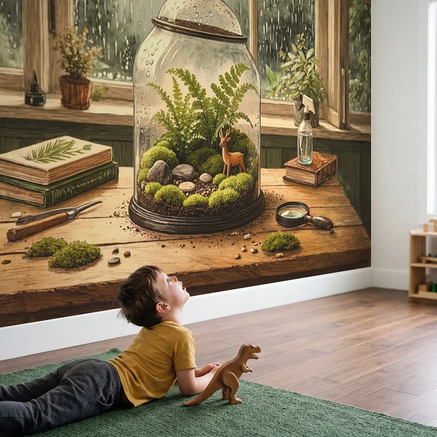 Child in nursery with Fern Terrarium Rainy Window Wallpaper Mural by Whimsy Tots