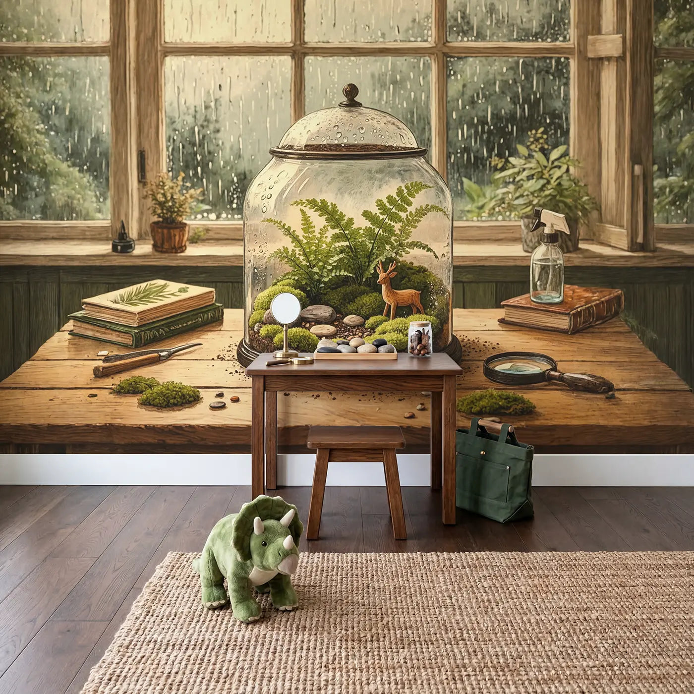 Fern Terrarium Rainy Window Wallpaper Mural in playroom setting by Whimsy Tots