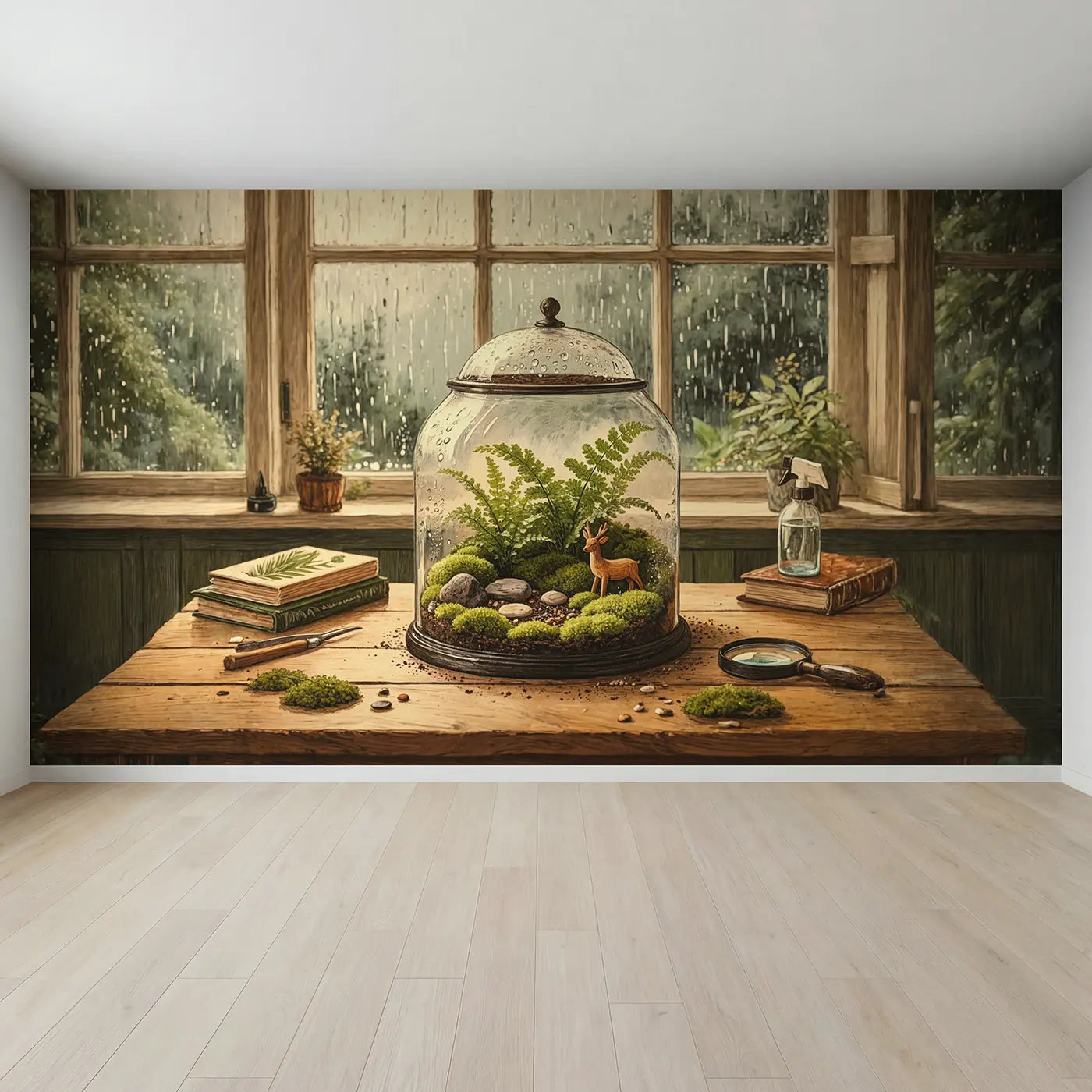Full view of Fern Terrarium Rainy Window Wallpaper Mural by Whimsy Tots