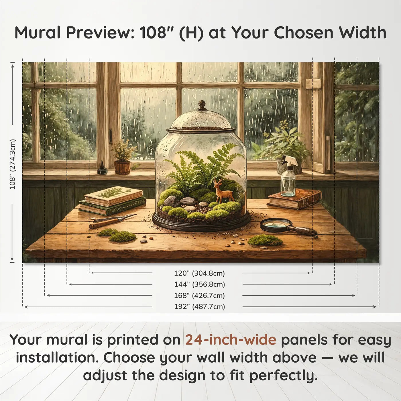 Panel layout and dimensions for Fern Terrarium Rainy Window Wallpaper Mural by Whimsy Tots