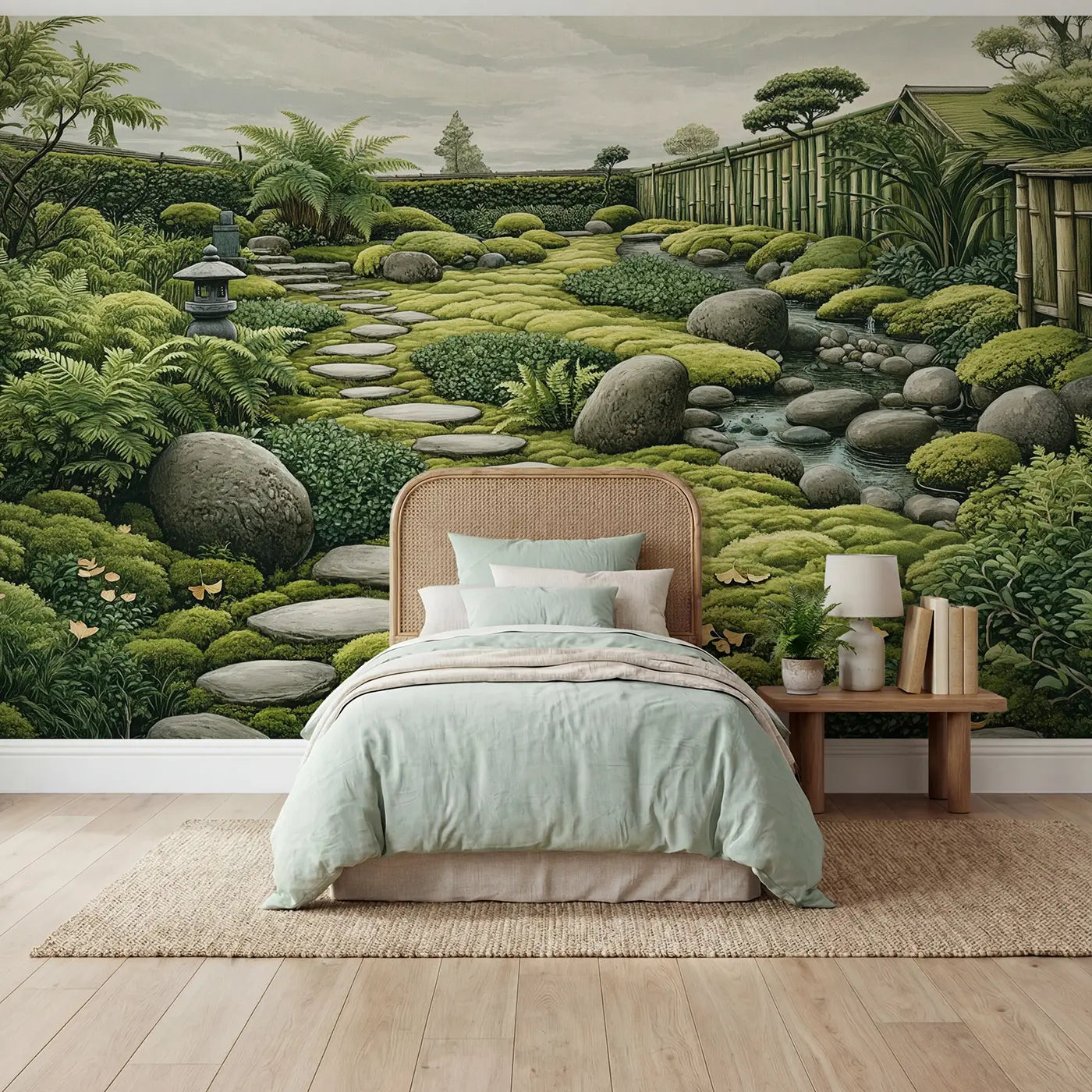 block print moss garden stepping stones ferns wallpaper mural for kids room by Whimsy Tots
