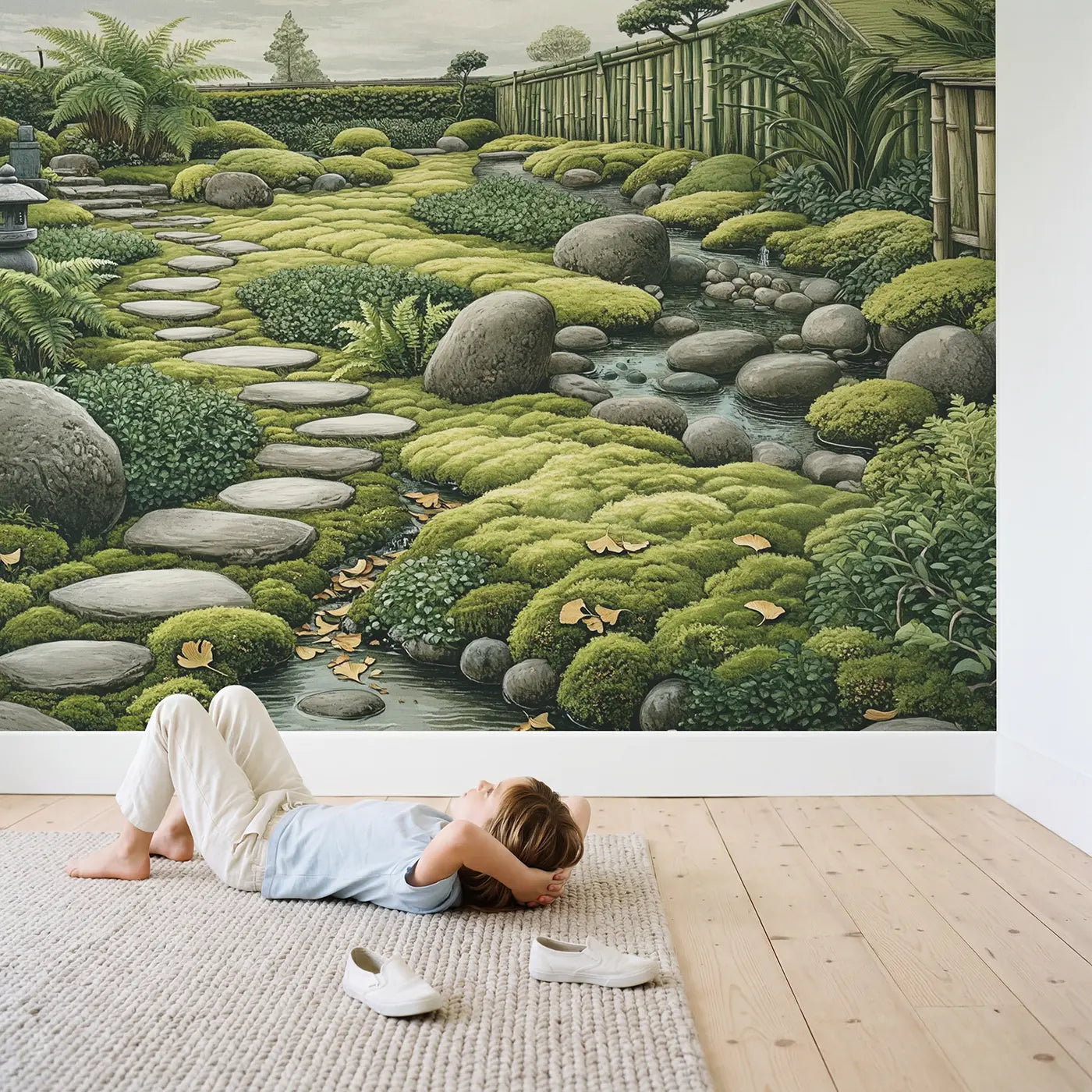 Child in nursery with Moss Garden Stepping Stones Wallpaper Mural by Whimsy Tots