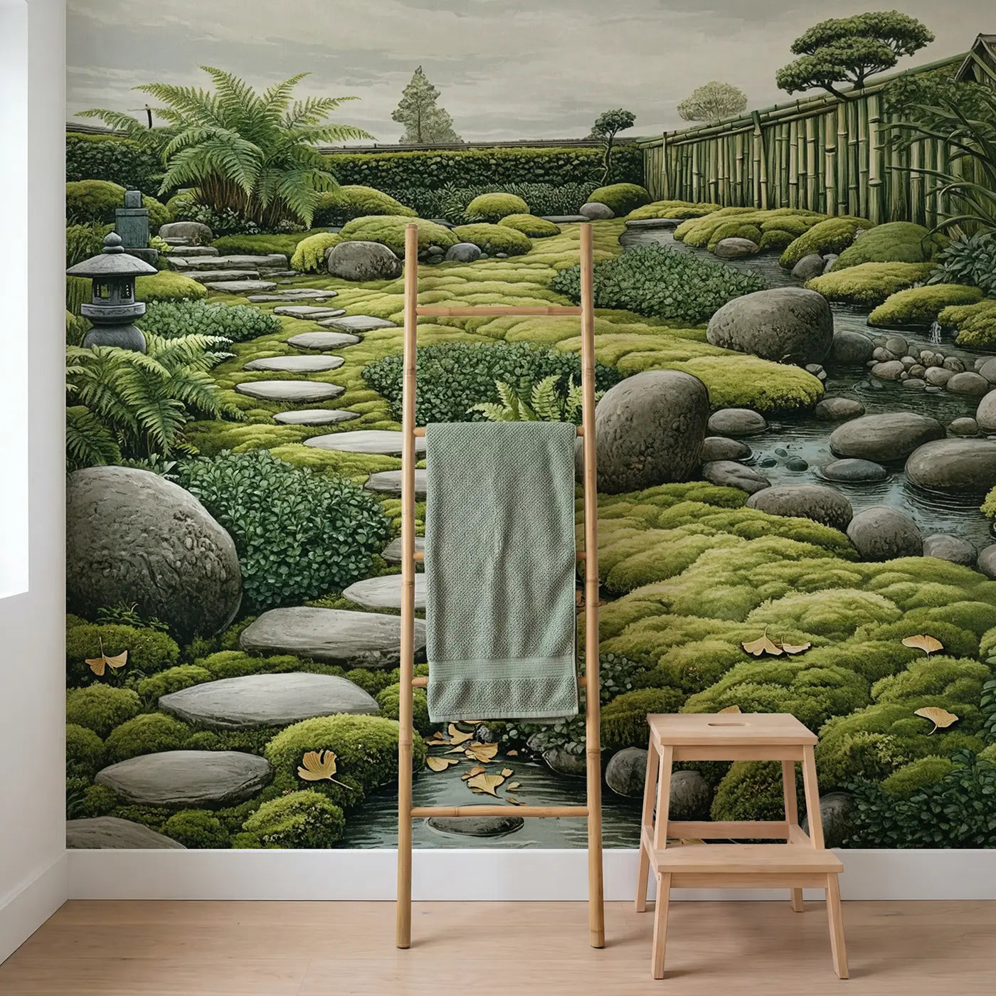 Moss Garden Stepping Stones Wallpaper Mural in playroom setting by Whimsy Tots