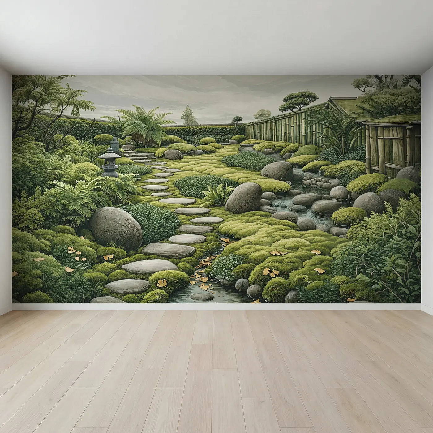 Full view of Moss Garden Stepping Stones Wallpaper Mural by Whimsy Tots