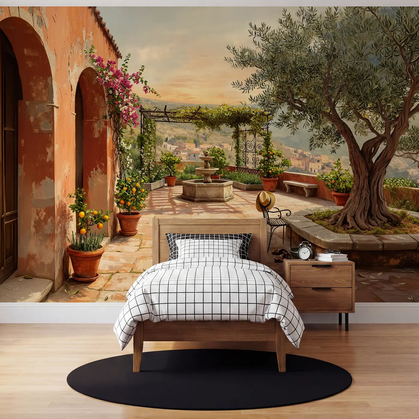 soft pastel Mediterranean courtyard garden citrus wallpaper mural for kids room by Whimsy Tots