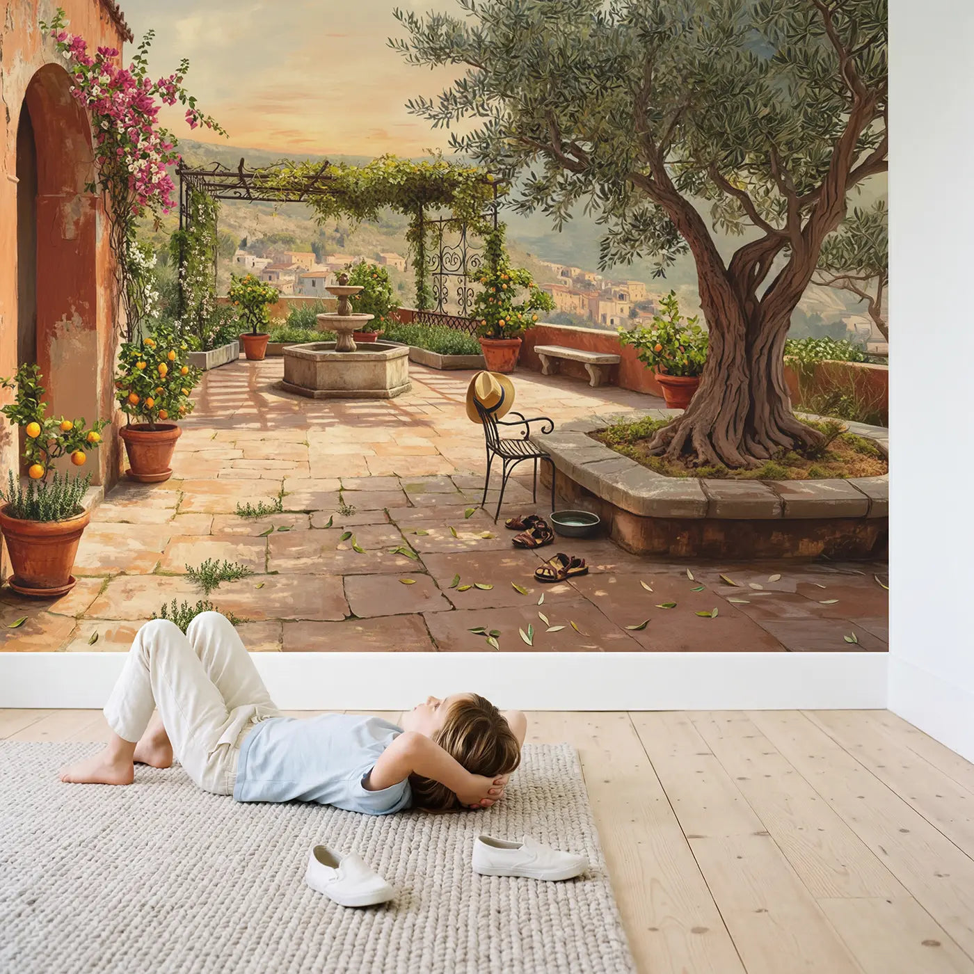 Child in nursery with Mediterranean Courtyard Garden Wallpaper Mural by Whimsy Tots