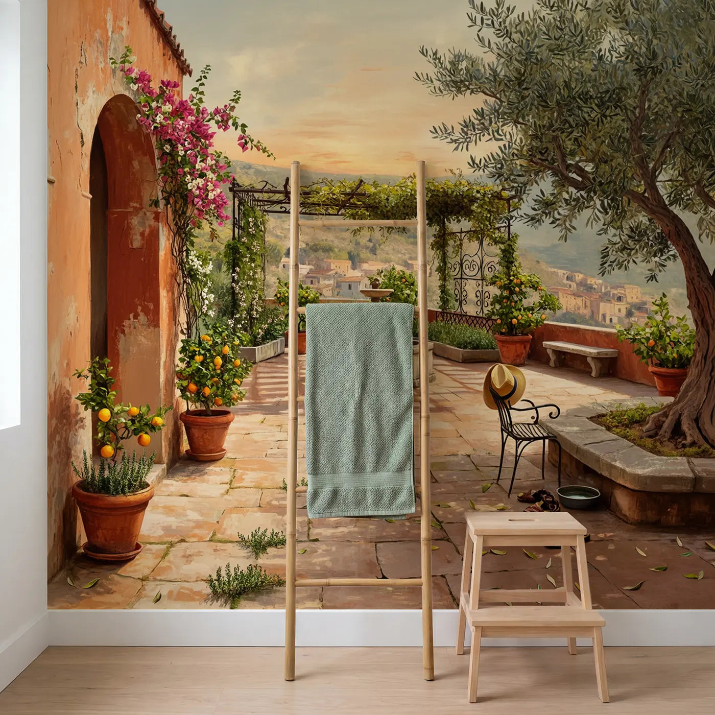 Mediterranean Courtyard Garden Wallpaper Mural in playroom setting by Whimsy Tots