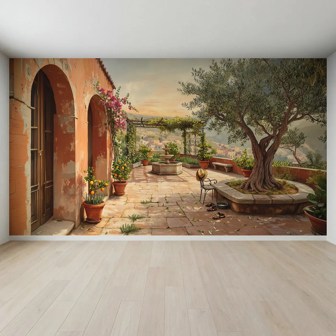Full view of Mediterranean Courtyard Garden Wallpaper Mural by Whimsy Tots