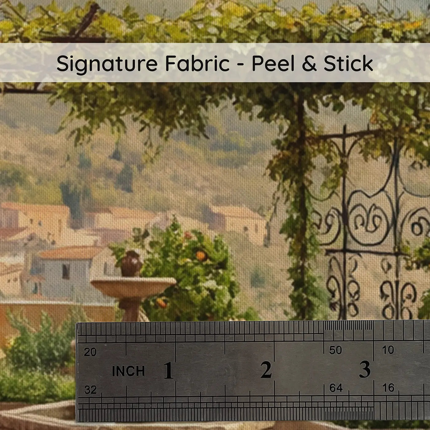 Fabric texture close-up of Mediterranean Courtyard Garden Wallpaper Mural by Whimsy Tots