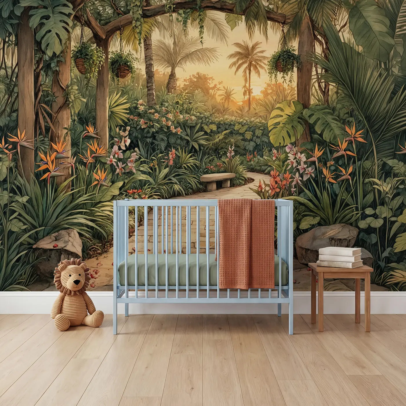 Storybook tropical garden path wallpaper mural for kids room by Whimsy Tots