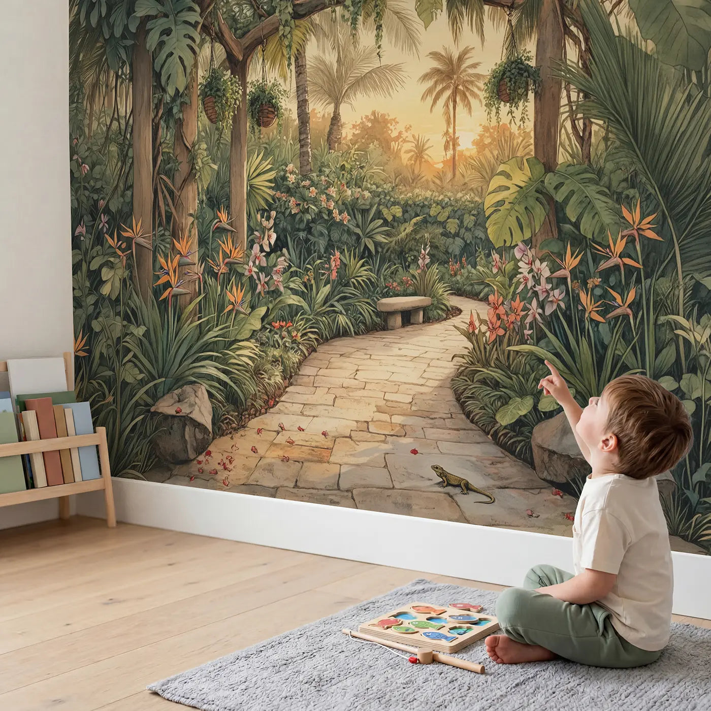 Child in nursery with Tropical Garden Path Wallpaper Mural by Whimsy Tots