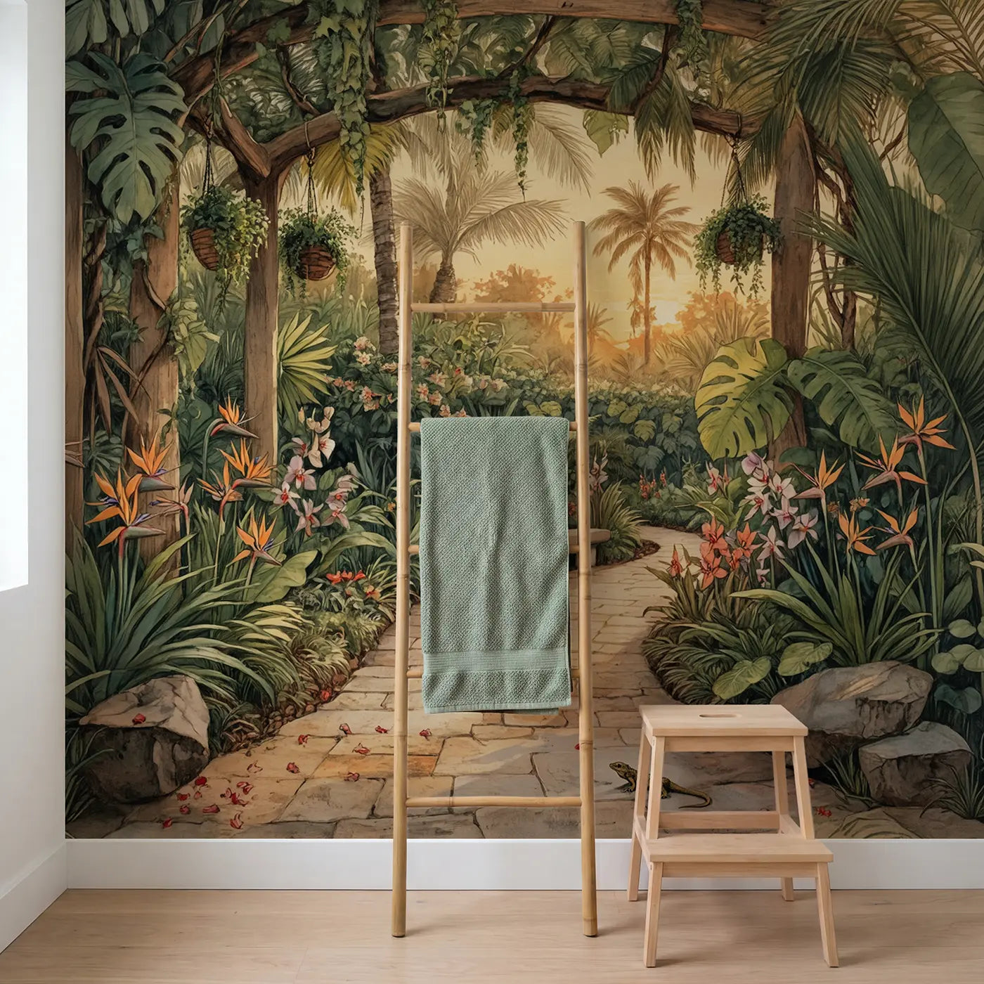 Tropical Garden Path Wallpaper Mural in playroom setting by Whimsy Tots