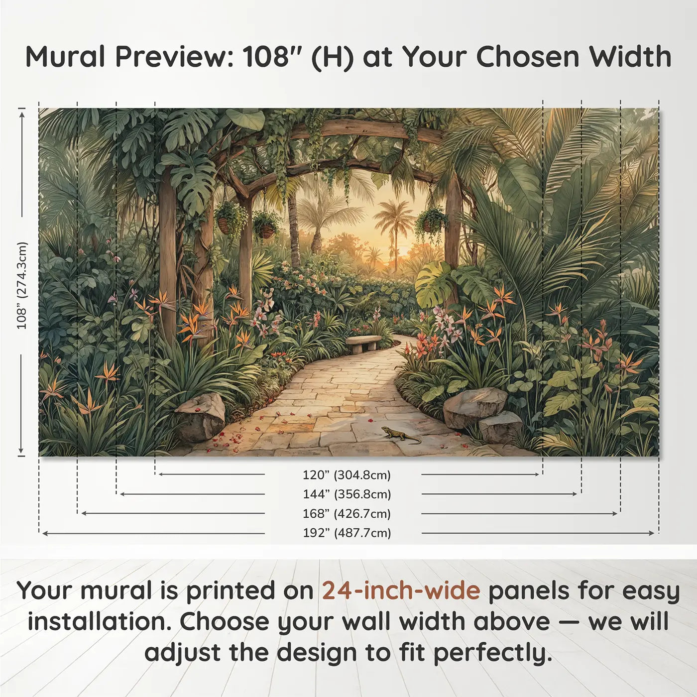 Panel layout and dimensions for Tropical Garden Path Wallpaper Mural by Whimsy Tots