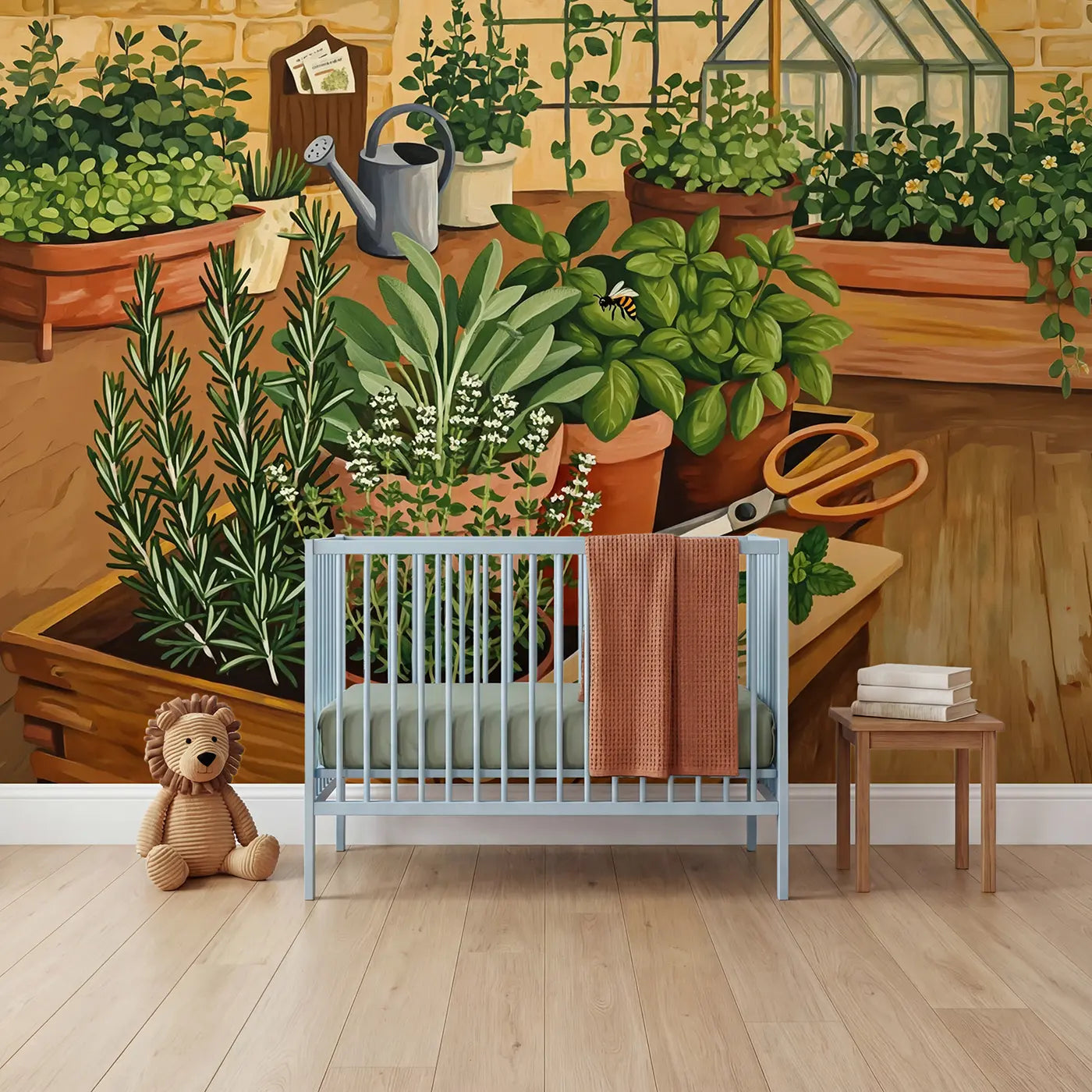 Modern illustration kitchen herb garden close up wallpaper mural for nursery by Whimsy Tots