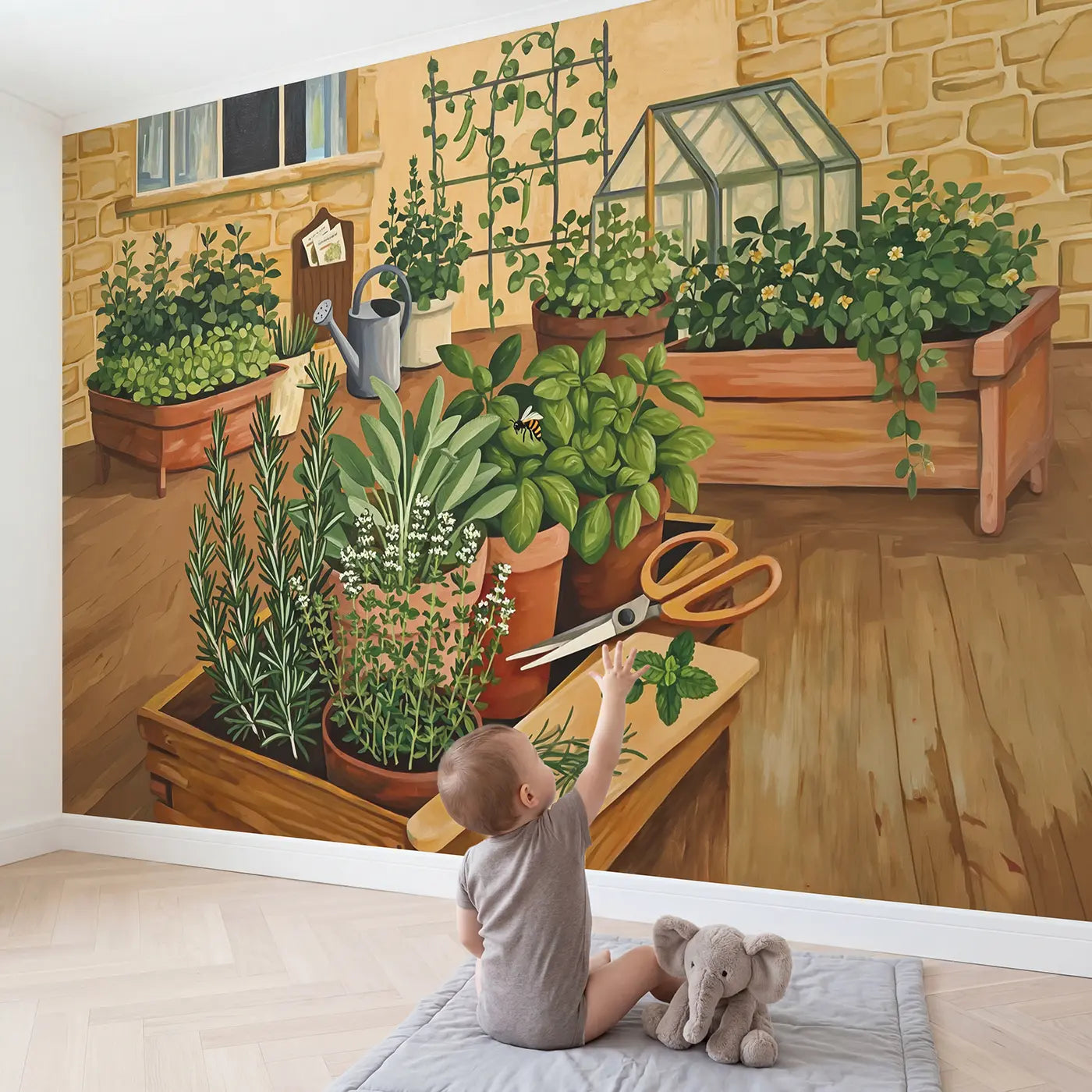 Child in nursery with Kitchen Herb Garden Close Up Wallpaper Mural by Whimsy Tots