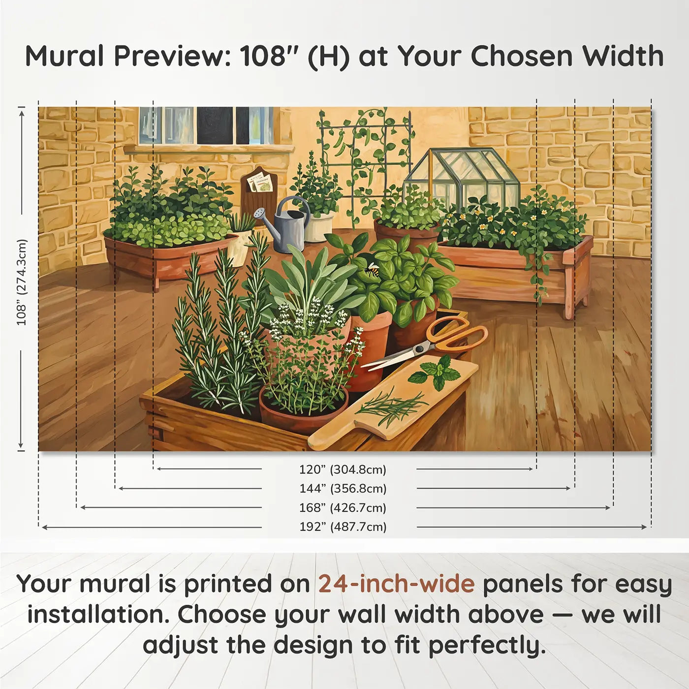 Panel layout and dimensions for Kitchen Herb Garden Close Up Wallpaper Mural by Whimsy Tots