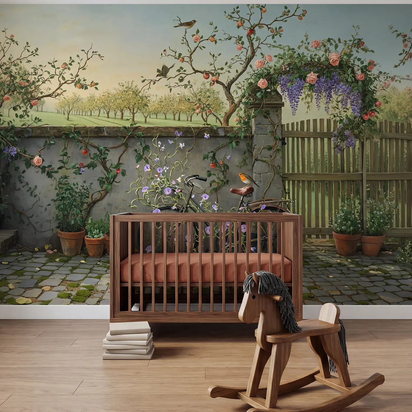 Botanical elegance bicycle garden vine wall wallpaper mural for nursery by Whimsy Tots
