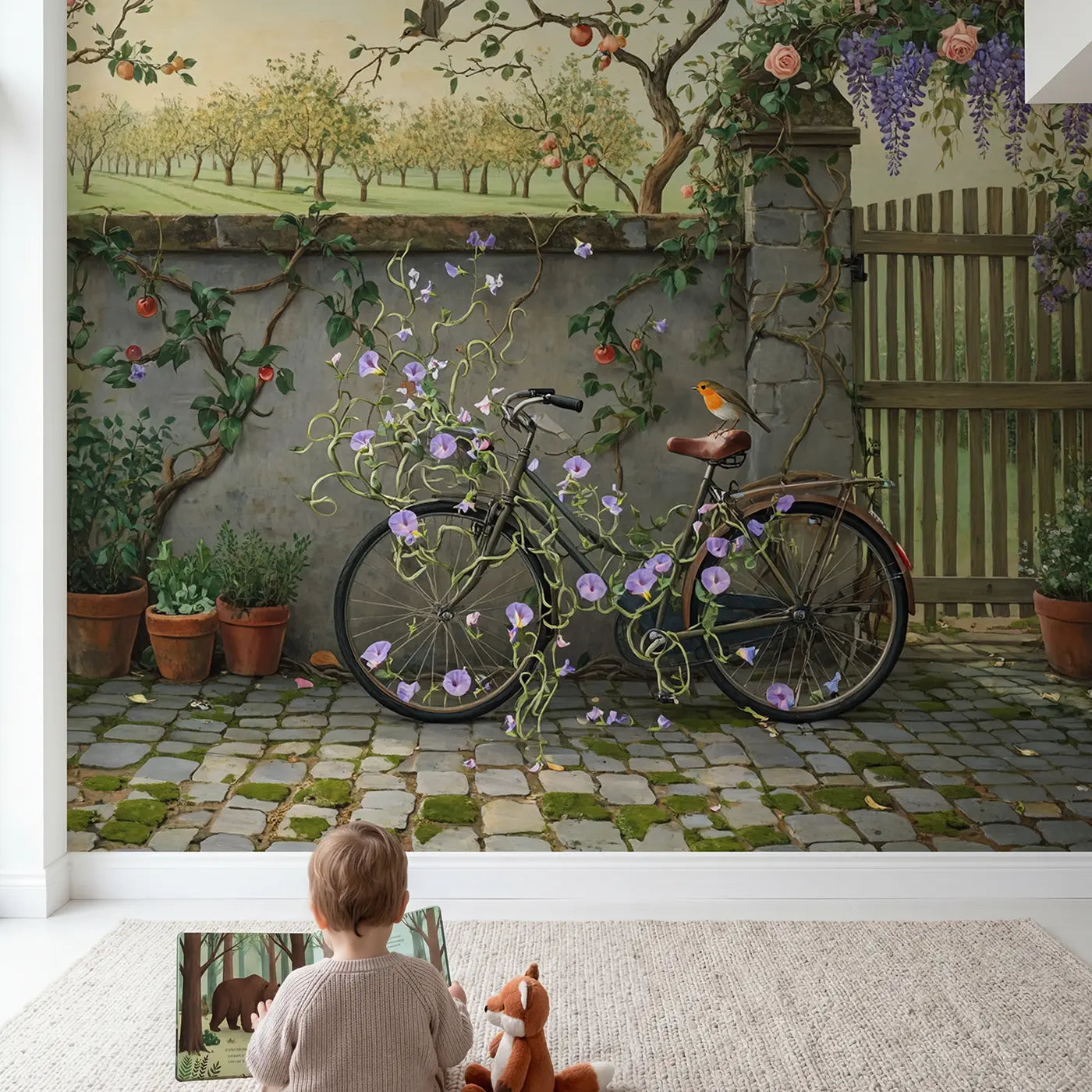 Child in nursery with Garden Vine Bicycle Wallpaper Mural by Whimsy Tots