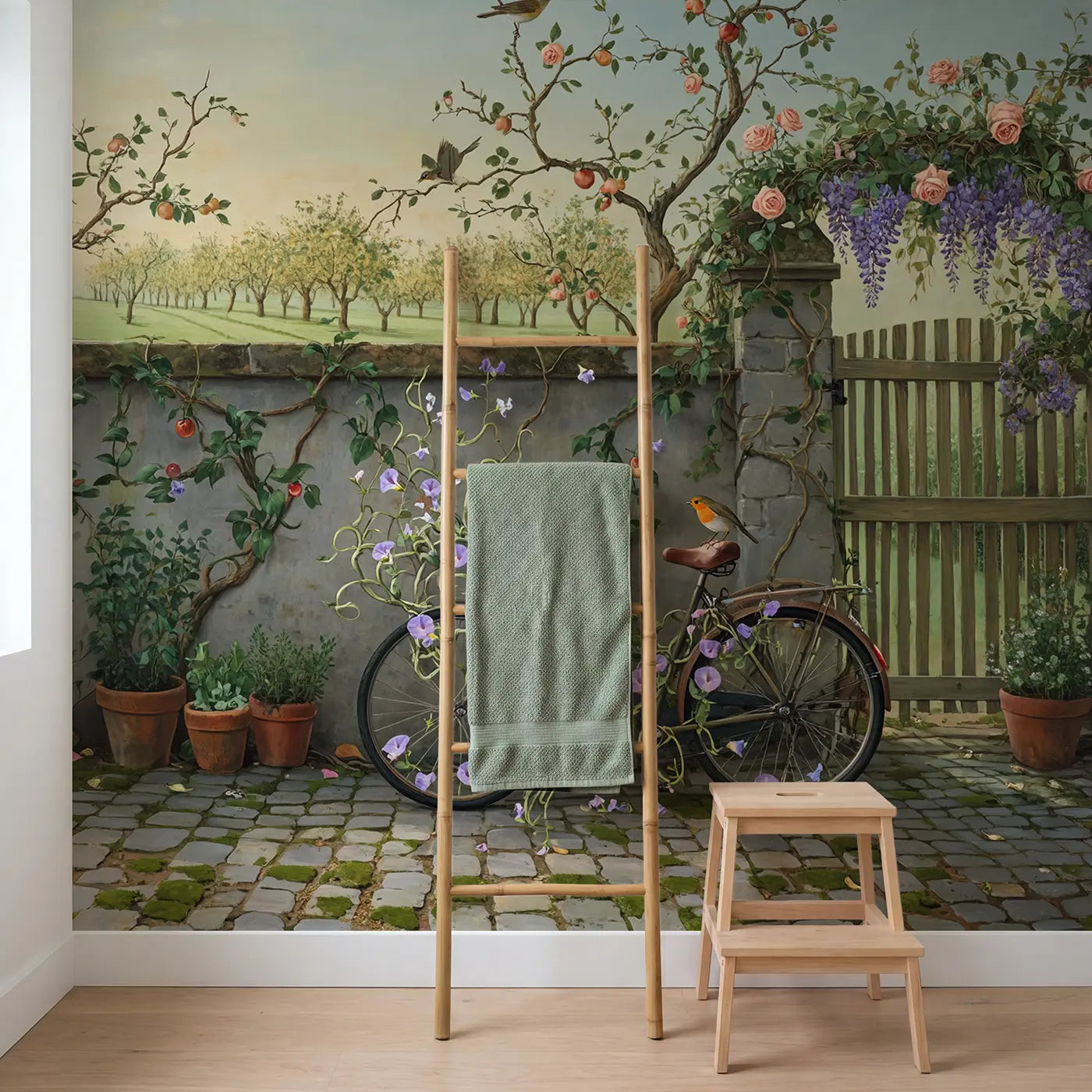 Garden Vine Bicycle Wallpaper Mural in playroom setting by Whimsy Tots