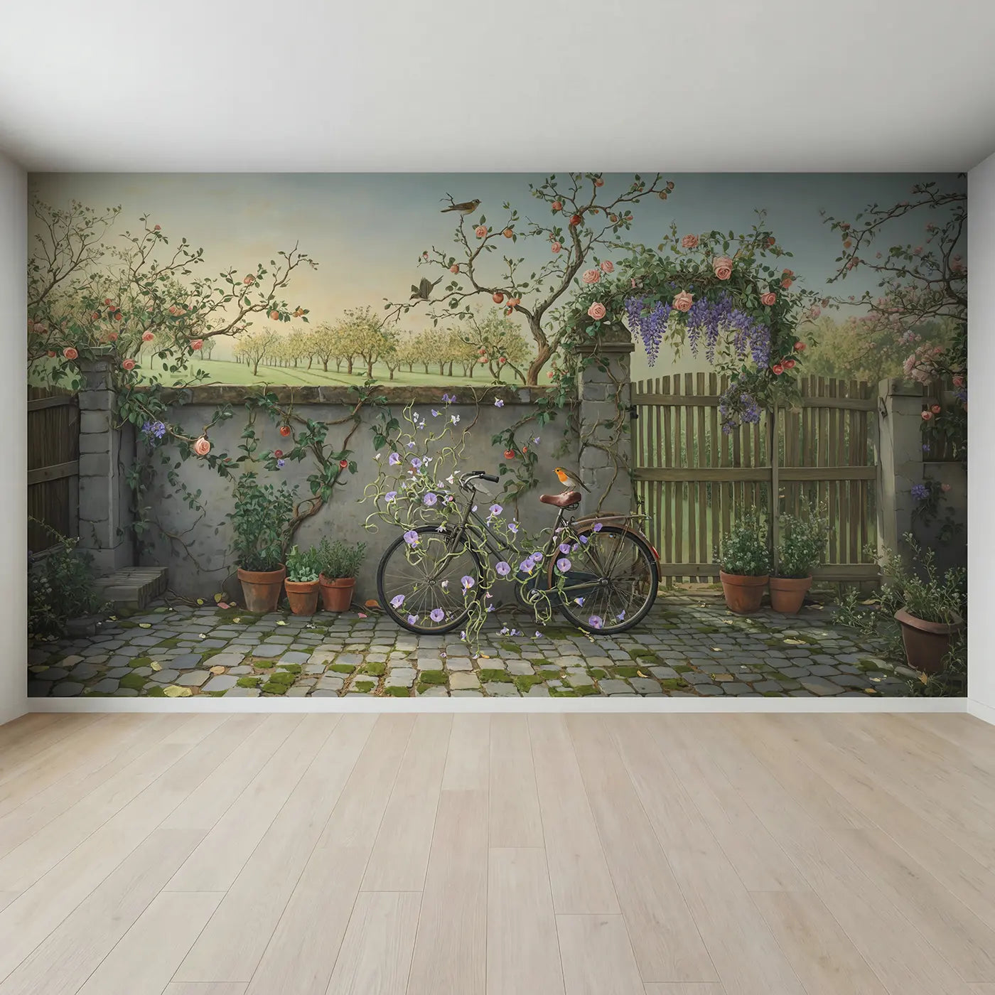 Full view of Garden Vine Bicycle Wallpaper Mural by Whimsy Tots