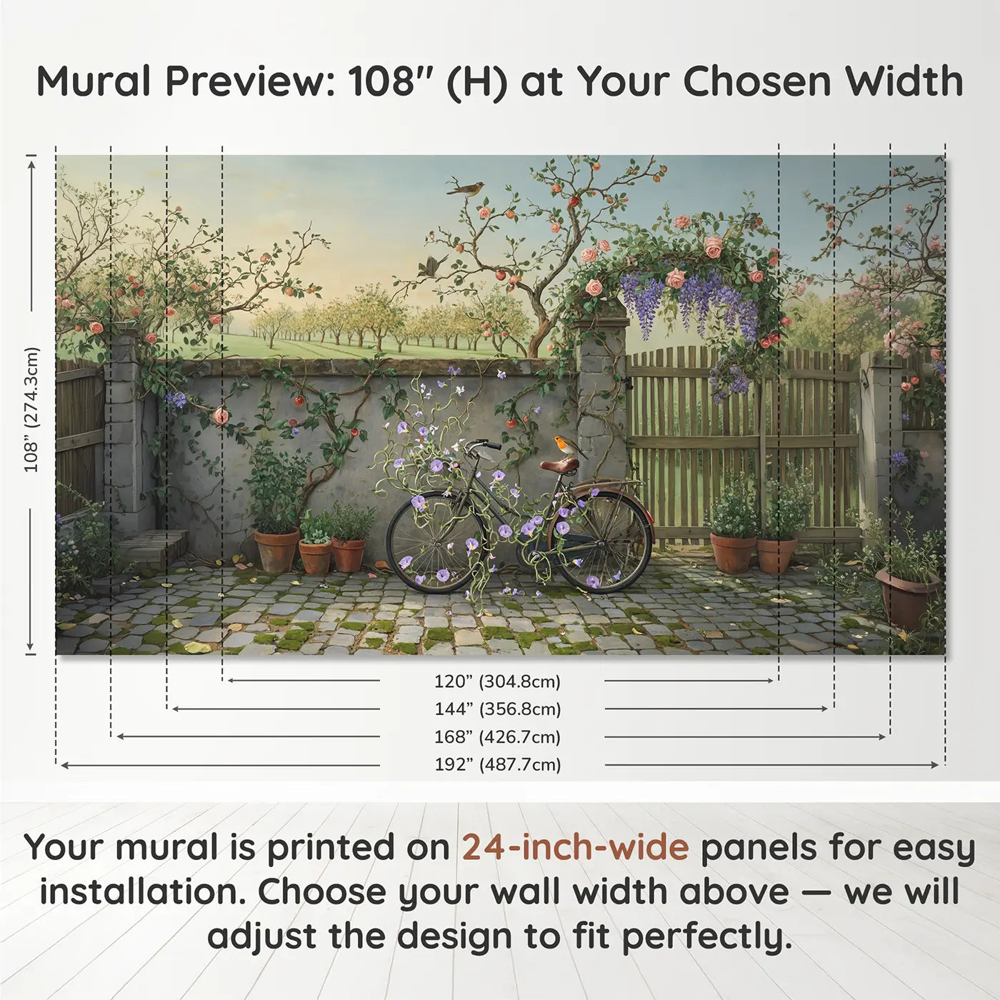 Panel layout and dimensions for Garden Vine Bicycle Wallpaper Mural by Whimsy Tots