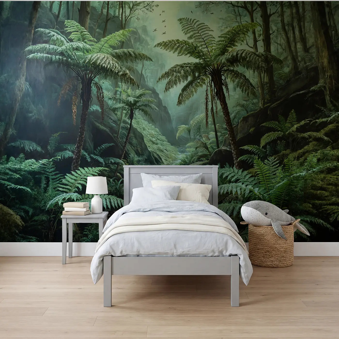 Botanical Elegance fern gully stream monochrome wallpaper mural for boys room by Whimsy Tots