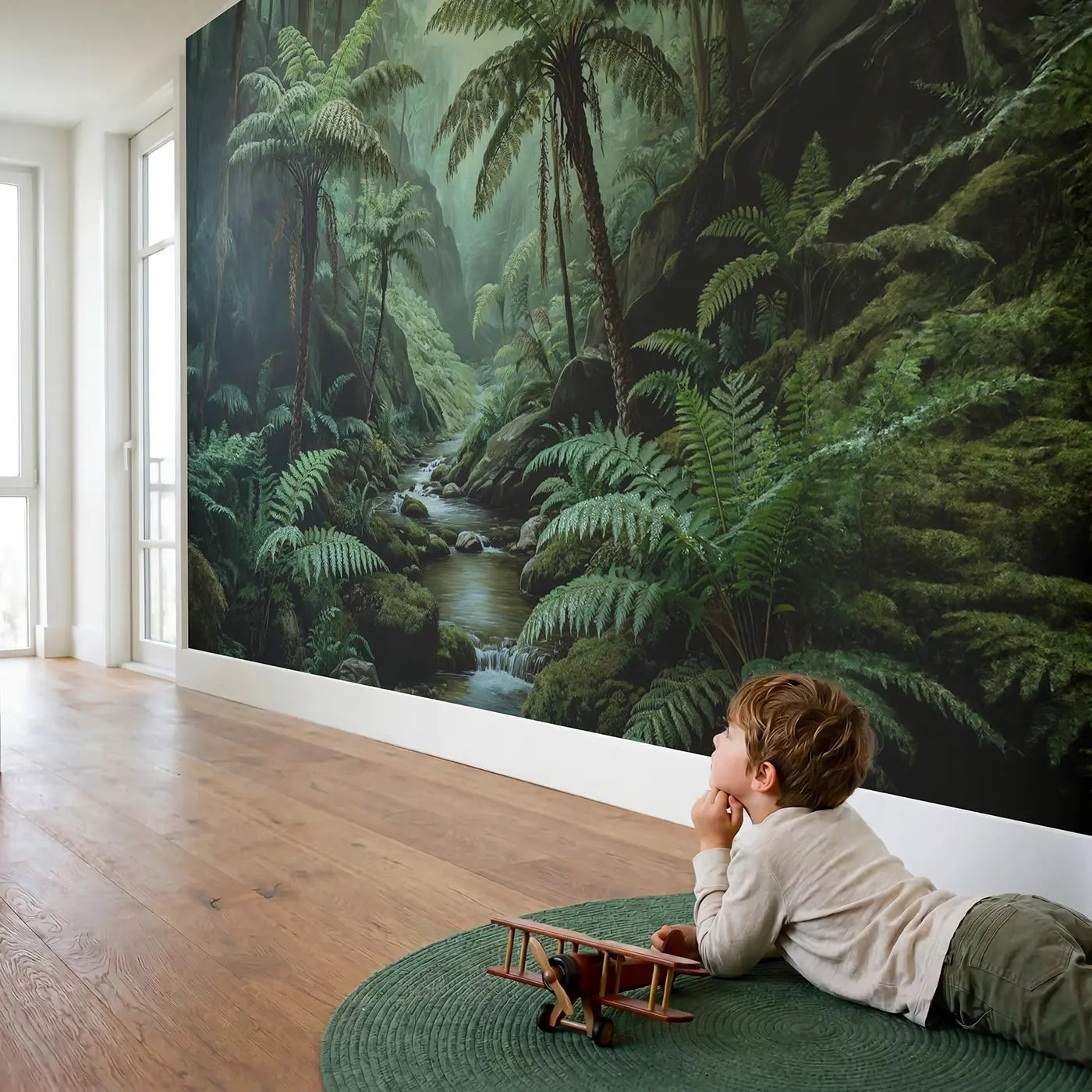 Child in nursery with Fern Gully Stream Monochrome Wallpaper Mural by Whimsy Tots