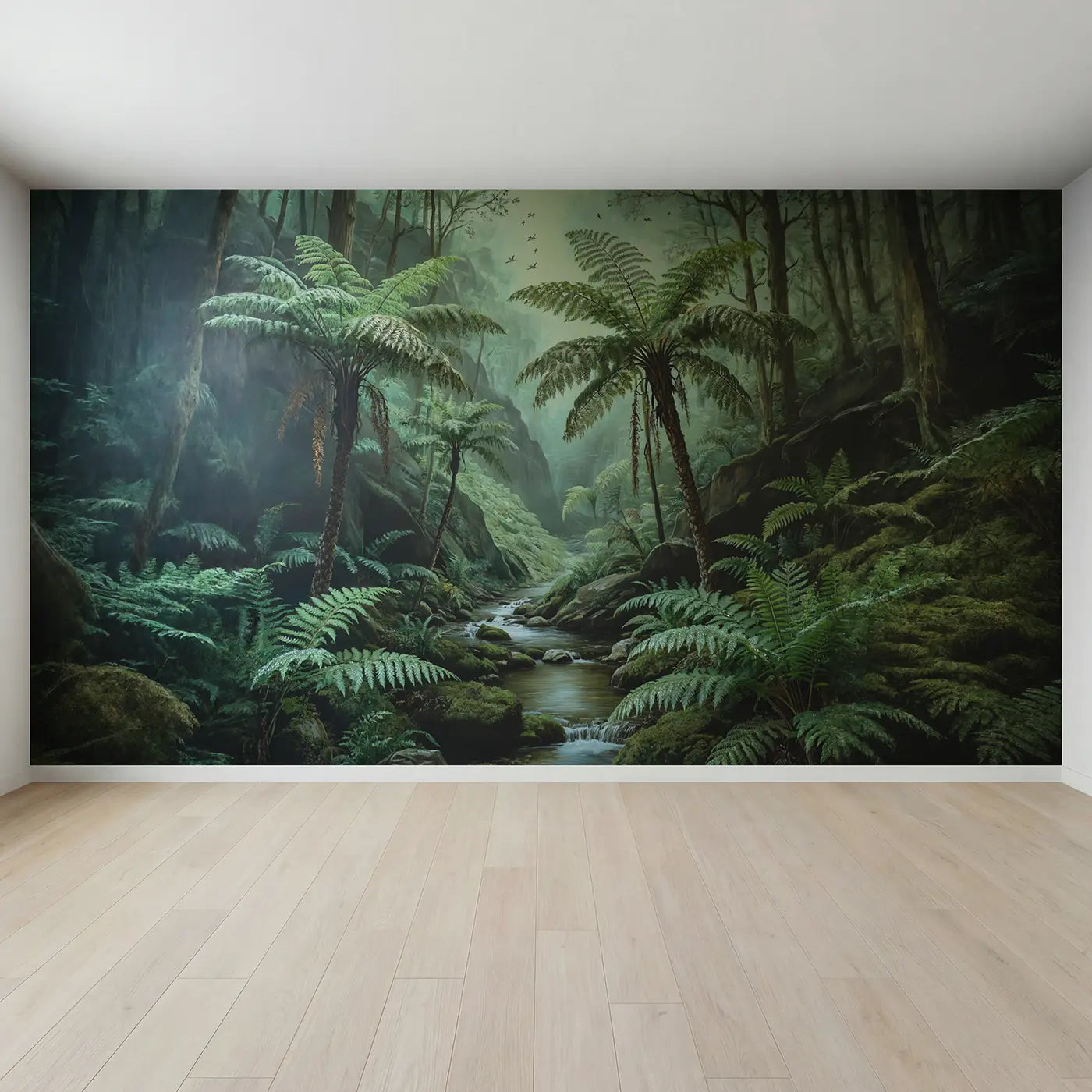 Full view of Fern Gully Stream Monochrome Wallpaper Mural by Whimsy Tots